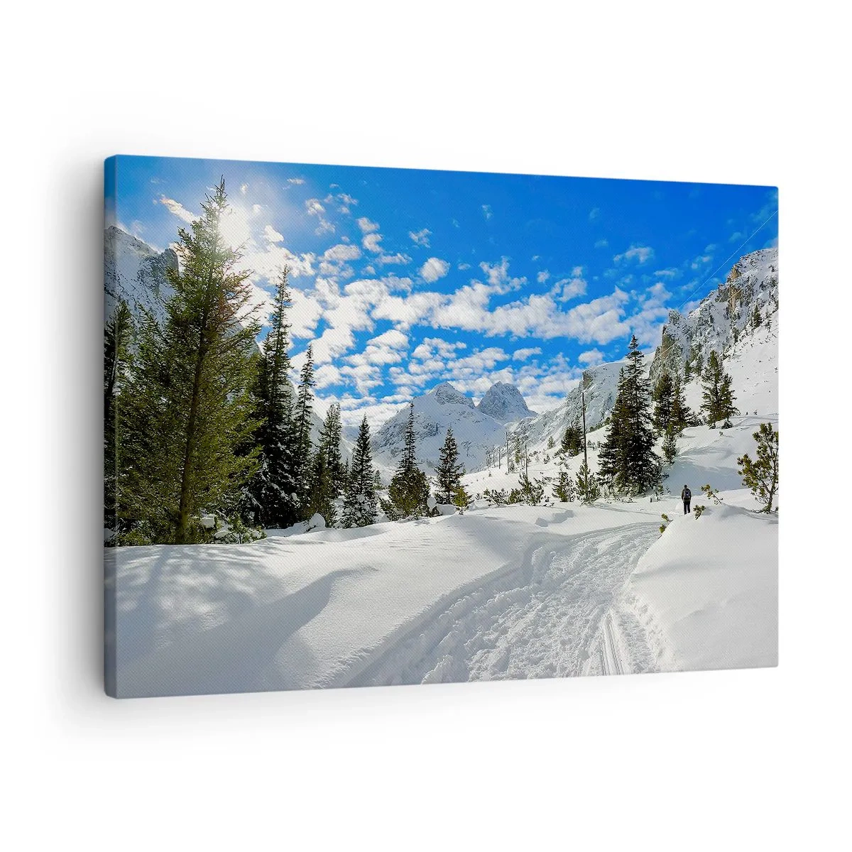 Obraz na plátne - Zimná horská krajina s lesom a cestičkou v snehu - 70x50cm - V snehu a na slnku - Moderná nástenná dekorácia do obývacej izby a spálne ARTTOR