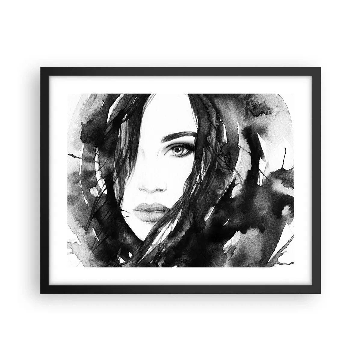 Plagát v čiernom ráme - Portrét dámy v čiernej a bielej - 50x40 cm