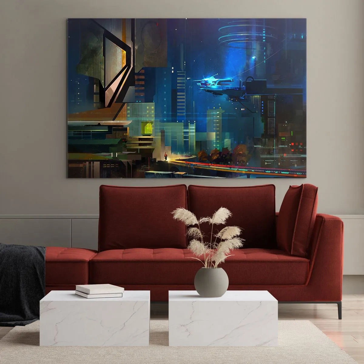 Obraz na skle - Futuristické mesto v noci s neónovými svetlami a lietajúcim vozidlom - 70x50cm - V blízkej budúcnosti - Moderná nástenná dekorácia do obývacej izby a spálne ARTTOR