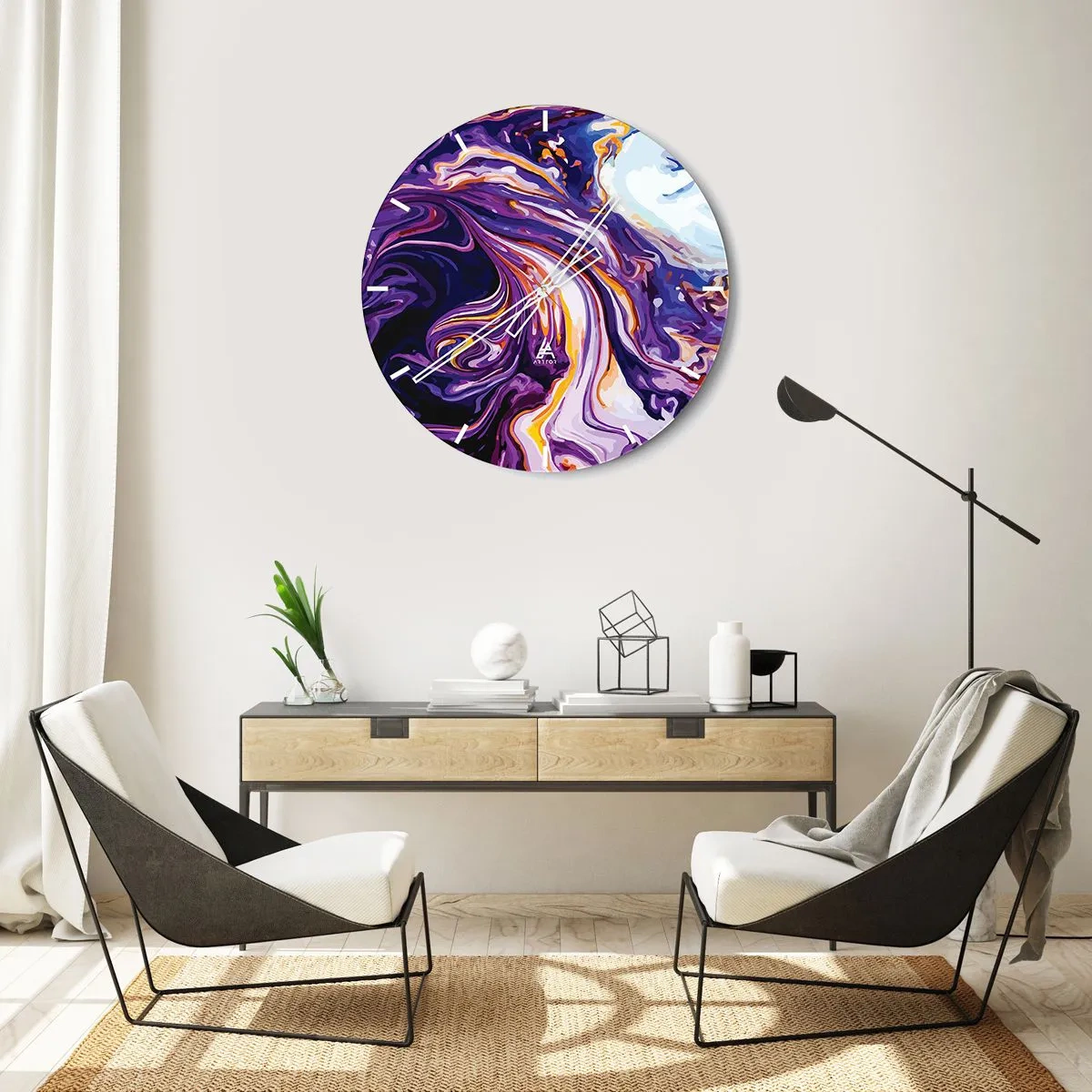 Nástenné hodiny - Fialové abstraktné víry s jasnými akcentmi - 30x30cm - Záhyb priestoru vo fialovej - Moderná nástenná dekorácia do obývacej izby, kuchyne a spálne ARTTOR