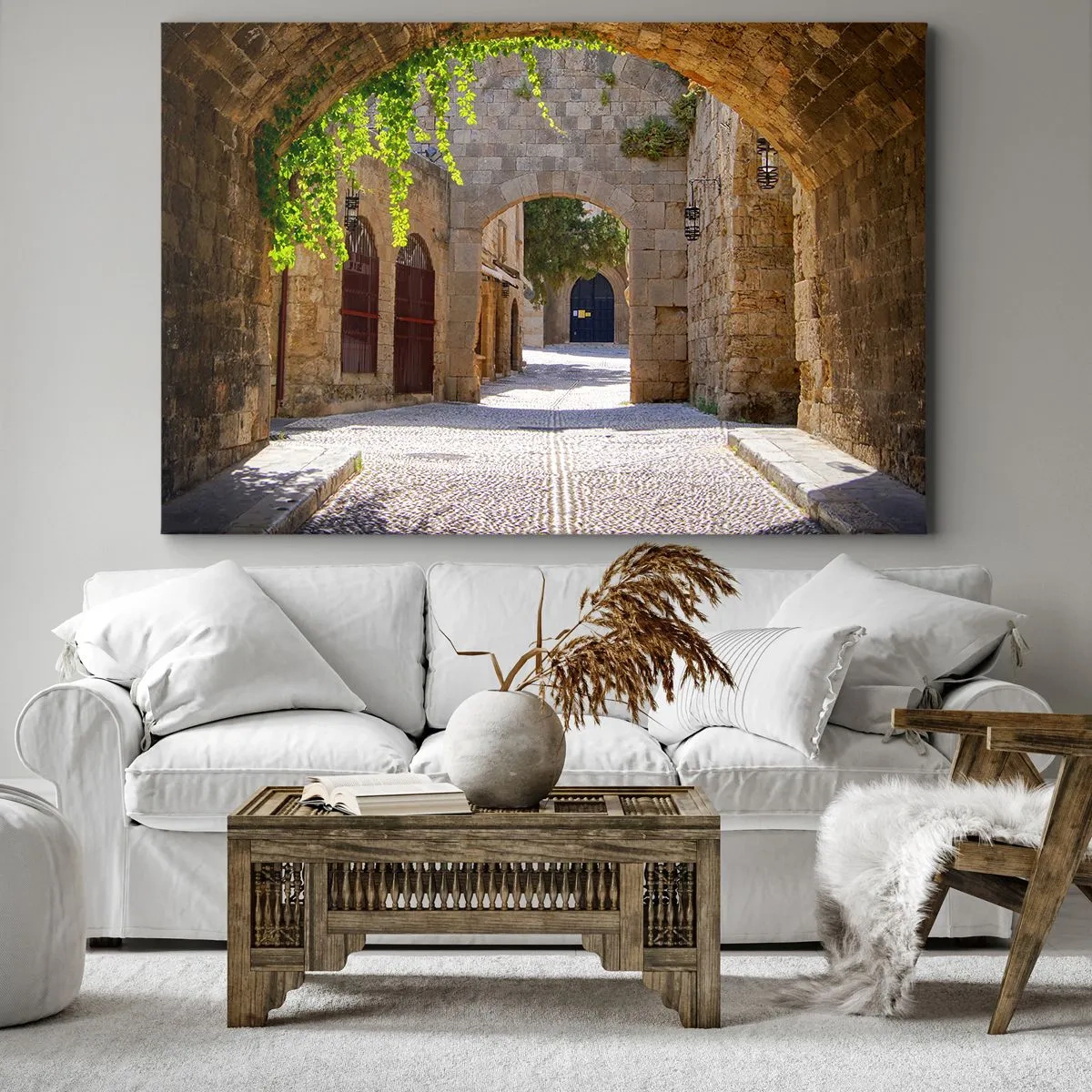 Obraz na plátne - Kamenné oblúky a dláždené ulice v stredovekom štýle - 70x50cm - Čoskoro sa objaví družina - Moderná nástenná dekorácia do obývacej izby a spálne ARTTOR