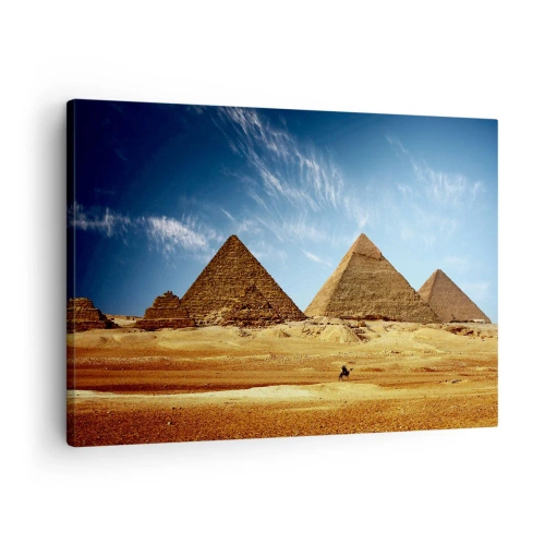 Obraz na plátne - Pyramídy v Gíze proti modrej oblohe a púštnej krajine - 70x50cm - 40 storočí sa na vás pozerá - Moderná nástenná dekorácia do obývacej izby a spálne ARTTOR