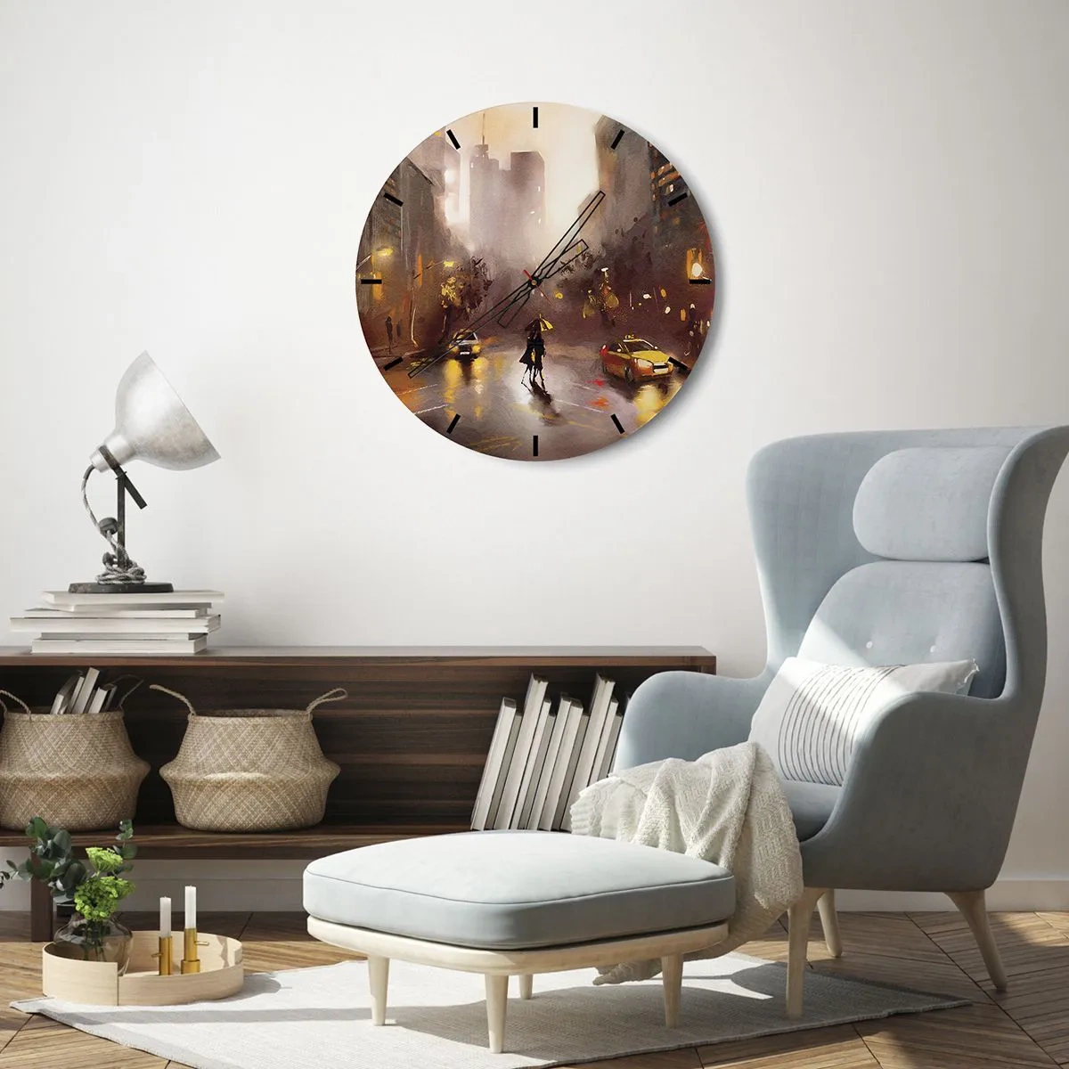 Nástenné hodiny - Mestská ulica v teplých odtieňoch počas dažďa - 30x30cm - Vo svetlách New Yorku - Moderná nástenná dekorácia do obývacej izby, kuchyne a spálne ARTTOR