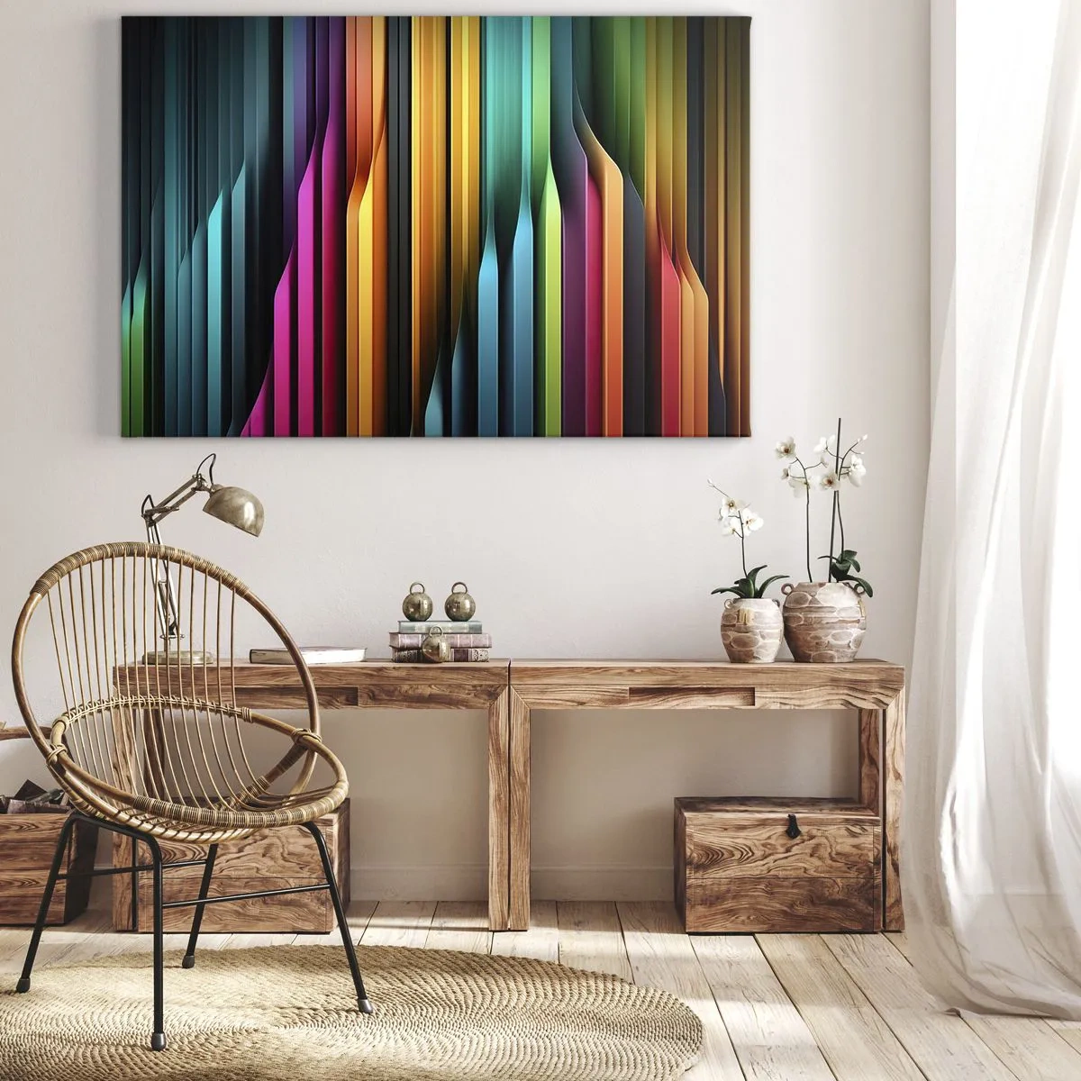 Obraz na plátne - Farebné zvislé čiary vytvárajú dynamickú abstrakciu. - 70x50cm - Svetelný organ - Moderná nástenná dekorácia do obývacej izby a spálne ARTTOR