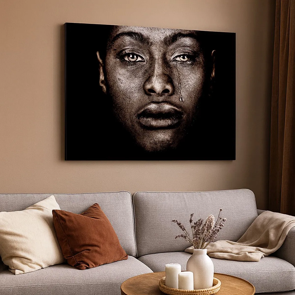 Obraz na plátne - Portrét tváre s jedinou slzou na čiernom pozadí - 70x50cm - Jedna slza - Moderná nástenná dekorácia do obývacej izby a spálne ARTTOR