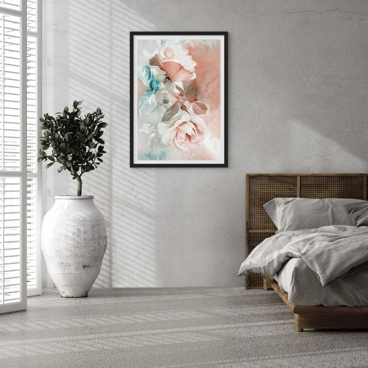 Plagát v čiernom ráme - Maliarska kompozícia ruží v pastelových odtieňoch - 50x70cm - Duch romantizmu - Moderná nástenná dekorácia do obývacej izby a spálne ARTTOR