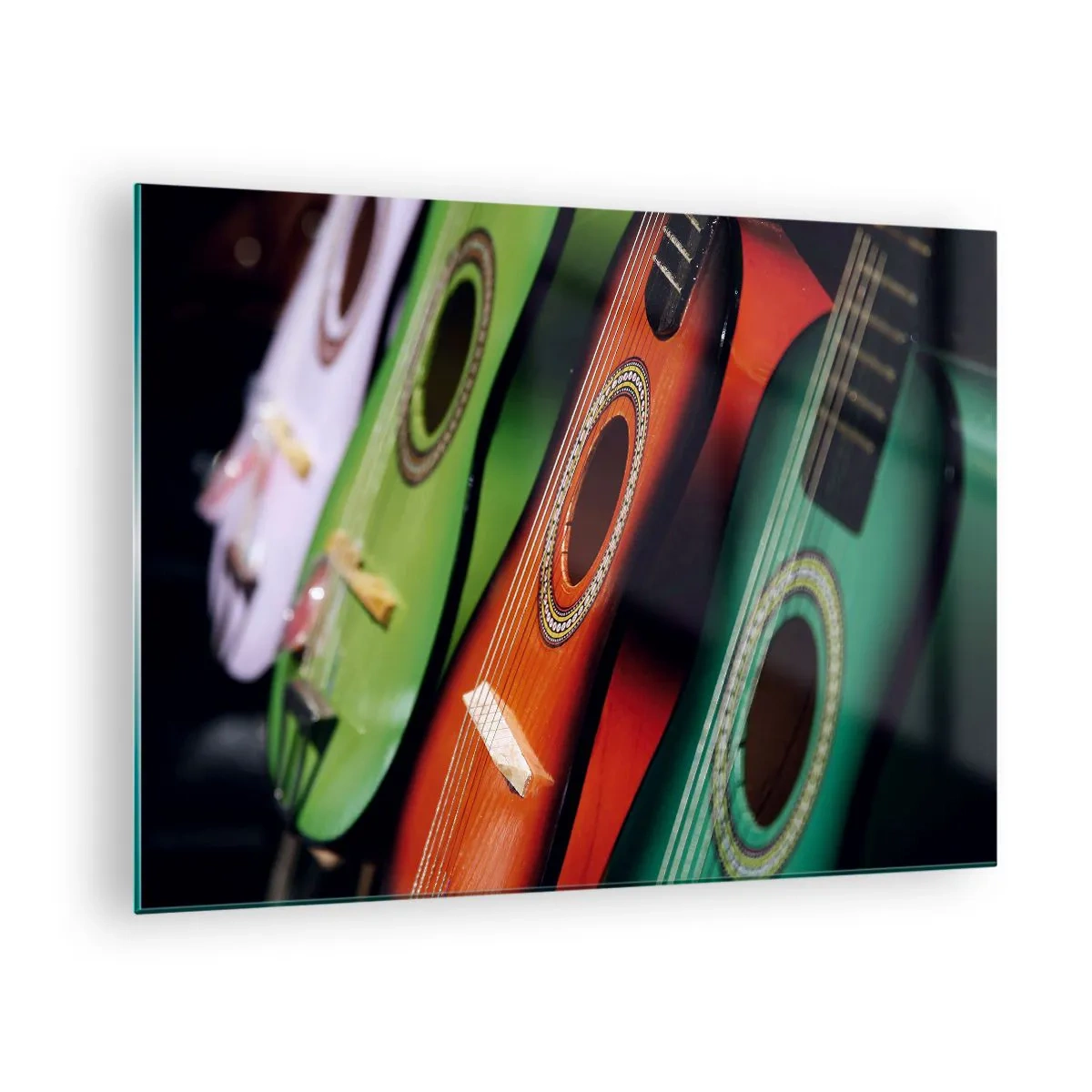 Obraz na skle - Farebné gitary v rade - 70x50cm - Gitara má veľa farieb - Moderná nástenná dekorácia do obývacej izby a spálne ARTTOR