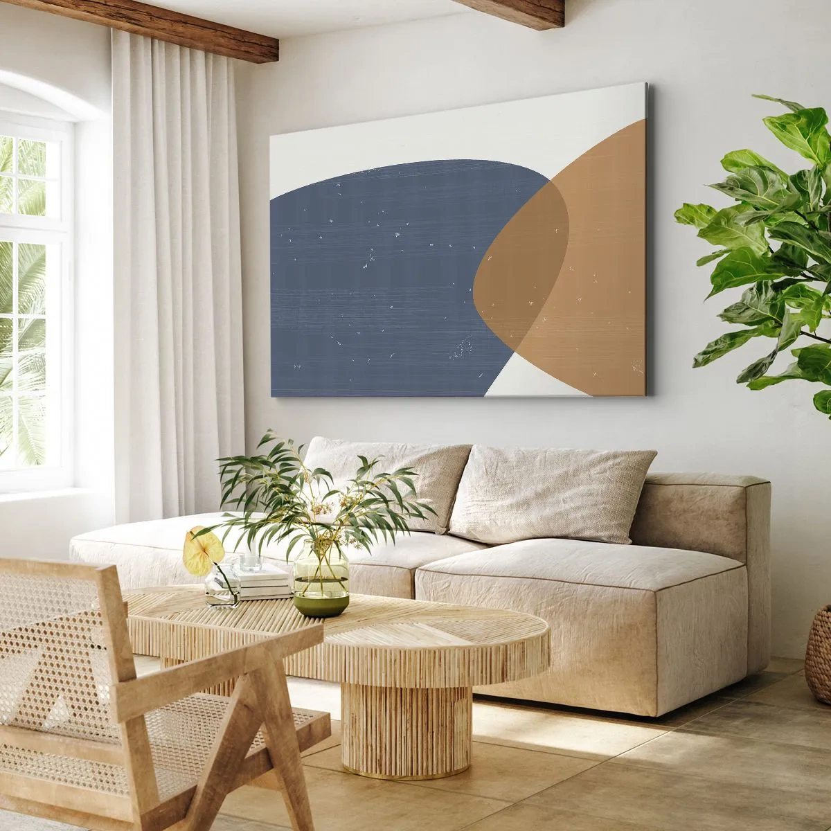 Obraz na plátne - Minimalistická geometrická kompozícia v odtieňoch modrej a oranžovej. - 70x50cm - Ovály a vplyvy - Moderná nástenná dekorácia do obývacej izby a spálne ARTTOR
