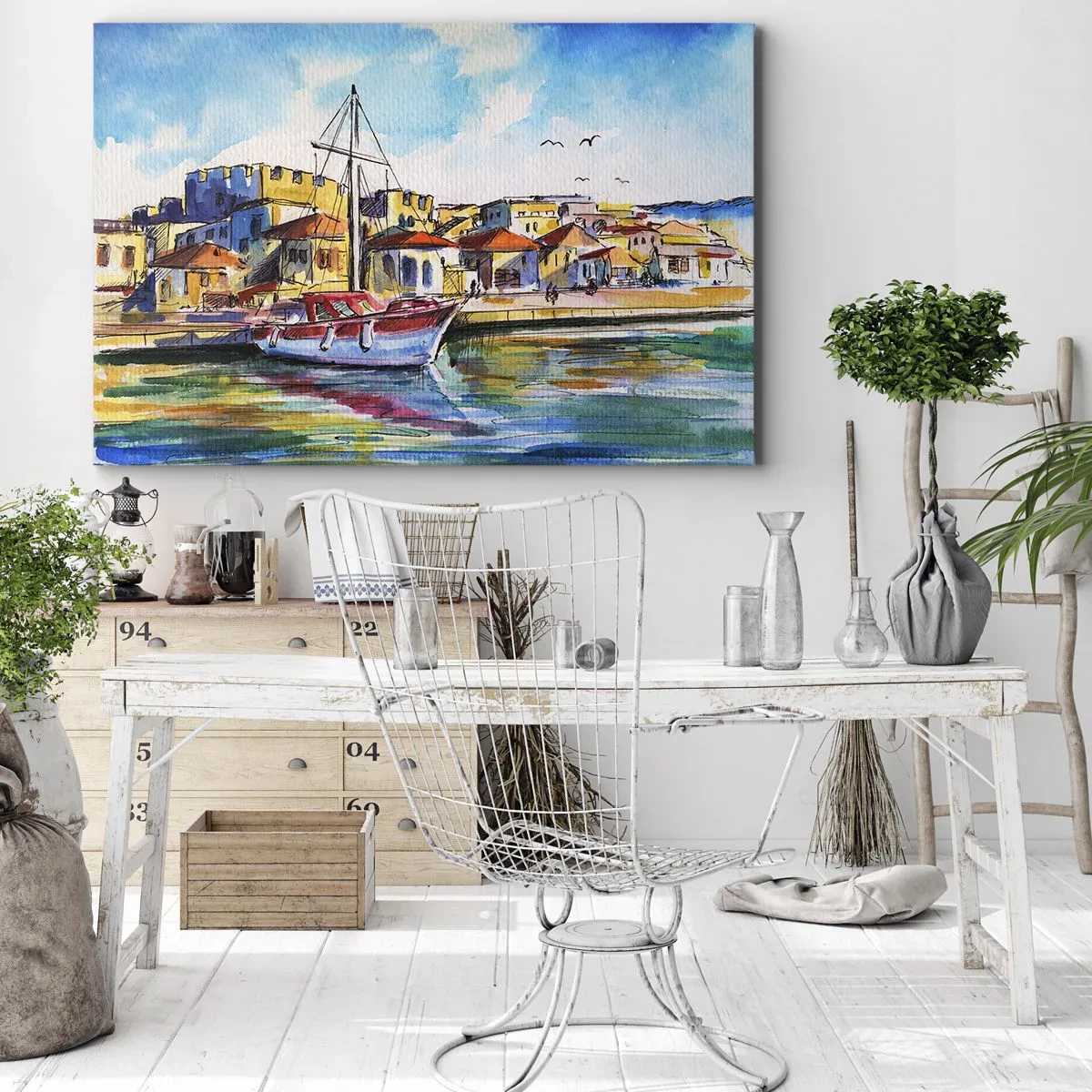 Obraz na plátne - Malebný prístav s loďou a farebnými budovami - 70x50cm - Dúhové popoludnie - Moderná nástenná dekorácia do obývacej izby a spálne ARTTOR