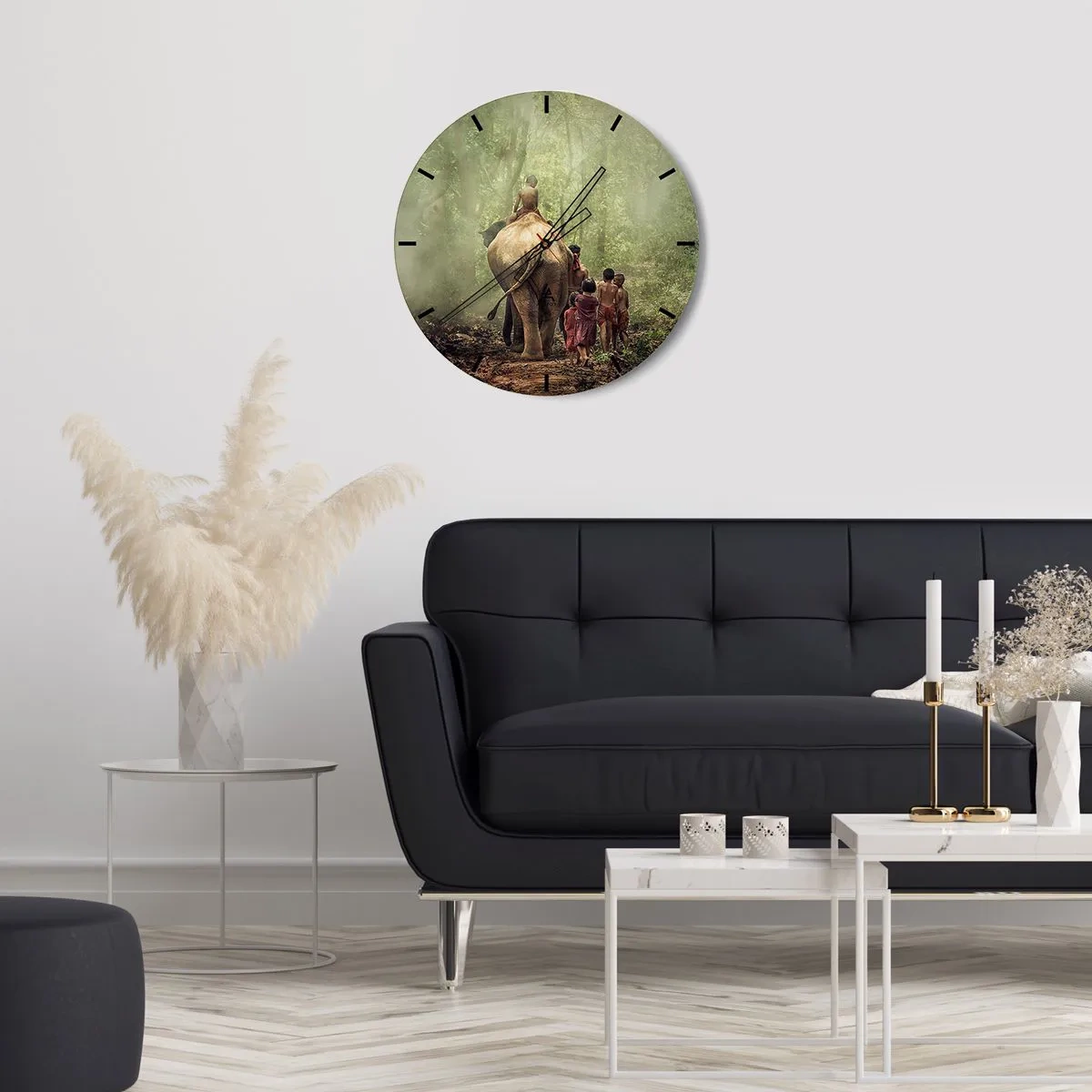 Nástenné hodiny - Deti a slon v hustom lese ráno - 30x30cm - Nová Kniha džunglí - Moderná nástenná dekorácia do obývacej izby, kuchyne a spálne ARTTOR