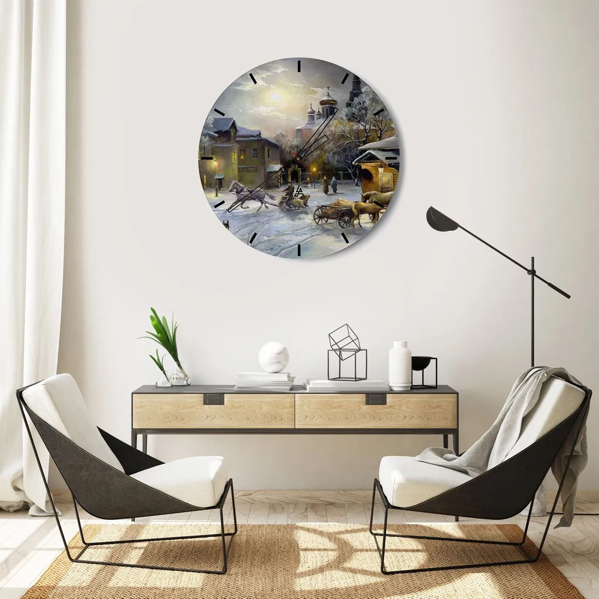 Nástenné hodiny - Zimná krajina s koňmi a kostolom v pozadí - 30x30cm - Kúzlo ruskej zimy - Moderná nástenná dekorácia do obývacej izby, kuchyne a spálne ARTTOR