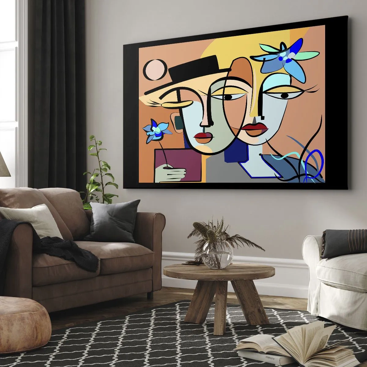 Obraz na plátne - Kubistické portréty v žiarivých farbách s kvetinovým motívom - 70x50cm - Picassovo randez vous - Moderná nástenná dekorácia do obývacej izby a spálne ARTTOR