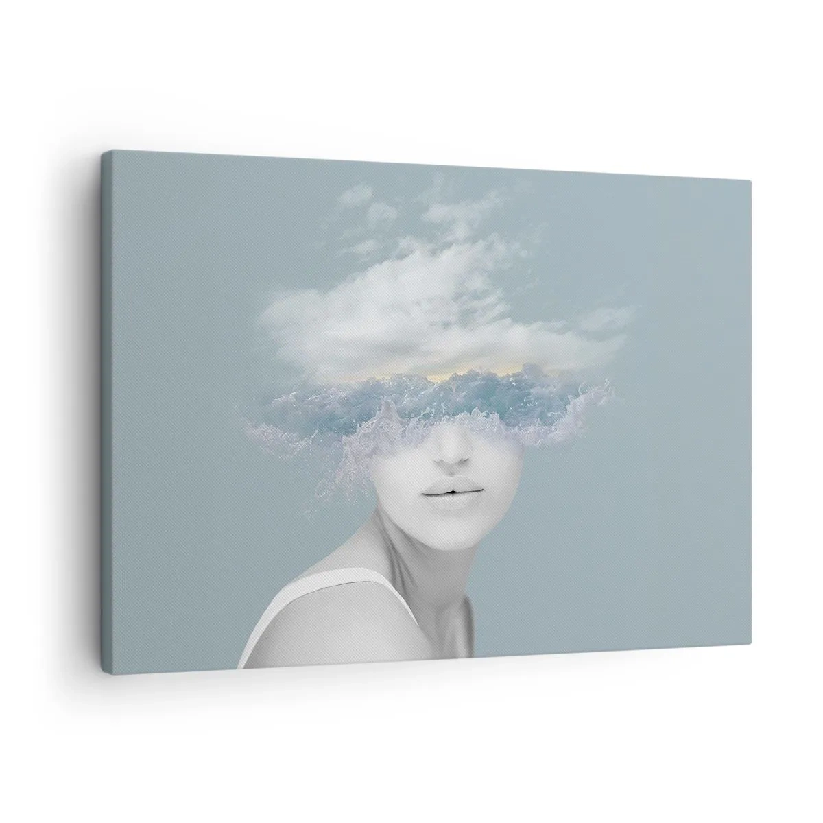 Obraz na plátne - Portrét ženy s tvárou skrytou za oblakmi a vlnami - 70x50cm - S hlavou v oblakoch - Moderná nástenná dekorácia do obývacej izby a spálne ARTTOR