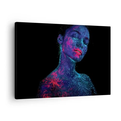 Obraz na plátne - Portrét ženy v neónových farbách na čiernom pozadí - 70x50cm - V hviezdnom prachu - Moderná nástenná dekorácia do obývacej izby a spálne ARTTOR
