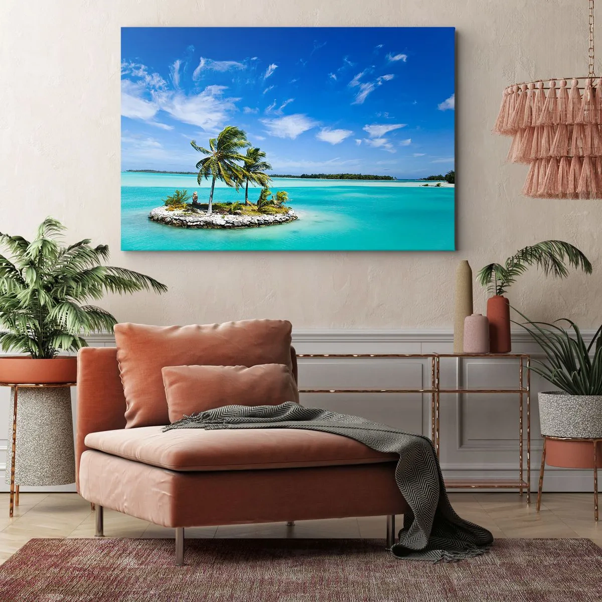 Obraz na plátne - Exotický ostrov s palmami na tyrkysovej vode - 70x50cm - Raj na zemi - Moderná nástenná dekorácia do obývacej izby a spálne ARTTOR