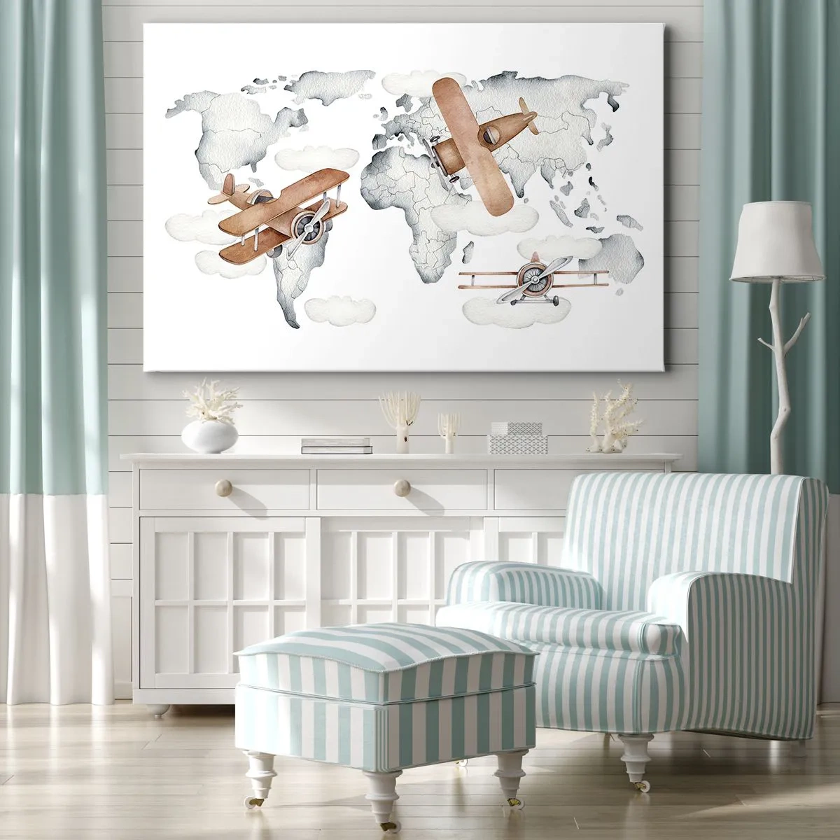 Obraz na plátne - Ilustrácia mapy sveta s lietadlami - 70x50cm - V priekopníckom duchu - Moderná nástenná dekorácia do obývacej izby a spálne ARTTOR