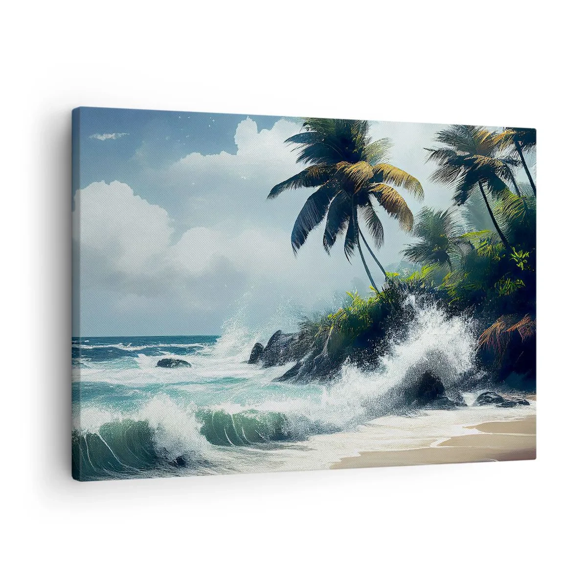 Obraz na plátne - Tropické pobrežie s palmami a rozbúreným morom - 70x50cm - Na tropickom pobreží - Moderná nástenná dekorácia do obývacej izby a spálne ARTTOR