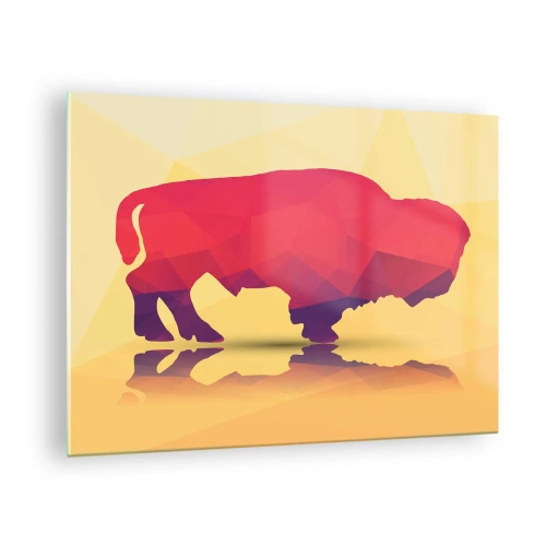 Obraz na skle - Geometrický bizón v teplých farbách - 70x50cm - Amarantová sila zubra - Moderná nástenná dekorácia do obývacej izby a spálne ARTTOR