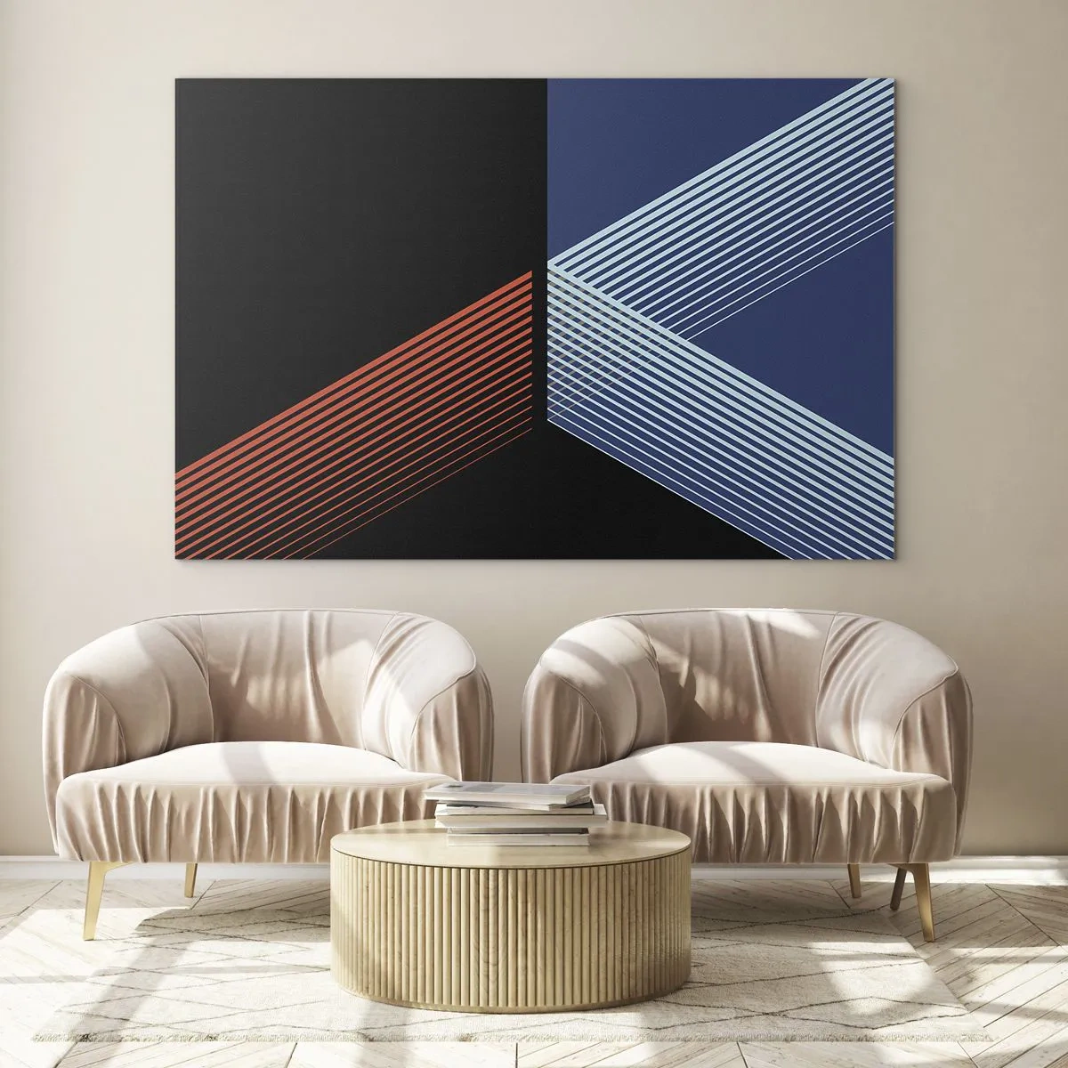 Obraz na skle - Moderná geometrická kompozícia s líniami a farebným kontrastom. - 70x50cm - Jednoduchý príbeh - Moderná nástenná dekorácia do obývacej izby a spálne ARTTOR