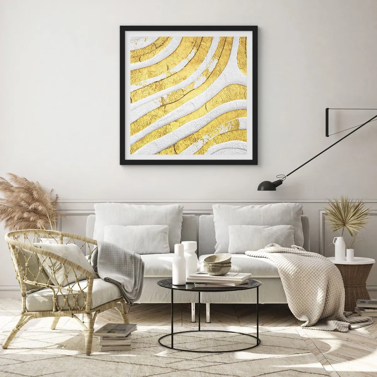 Plagát v čiernom ráme - Kompozícia v bielej a zlatej - 50x50 cm