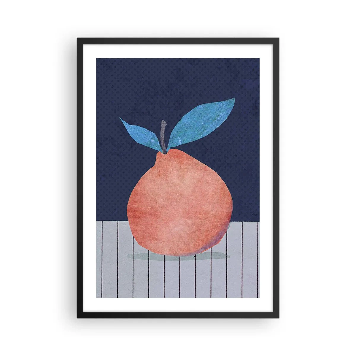 Plagát v čiernom ráme - Minimalistická ilustrácia pomaranča na tmavomodrom pozadí - 50x70cm - Konvexita a rovina - Moderná nástenná dekorácia do obývacej izby a spálne ARTTOR