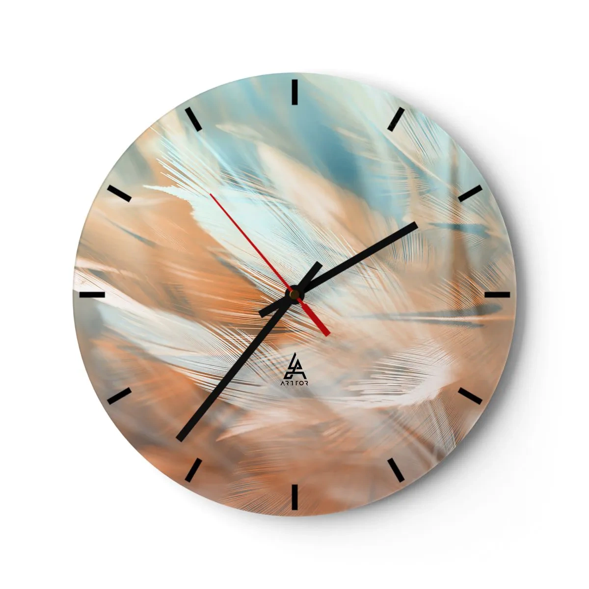 Nástenné hodiny - Jemné pierka v pastelových odtieňoch modrej a broskyňovej - 30x30cm - V krajine nehy - Moderná nástenná dekorácia do obývacej izby, kuchyne a spálne ARTTOR