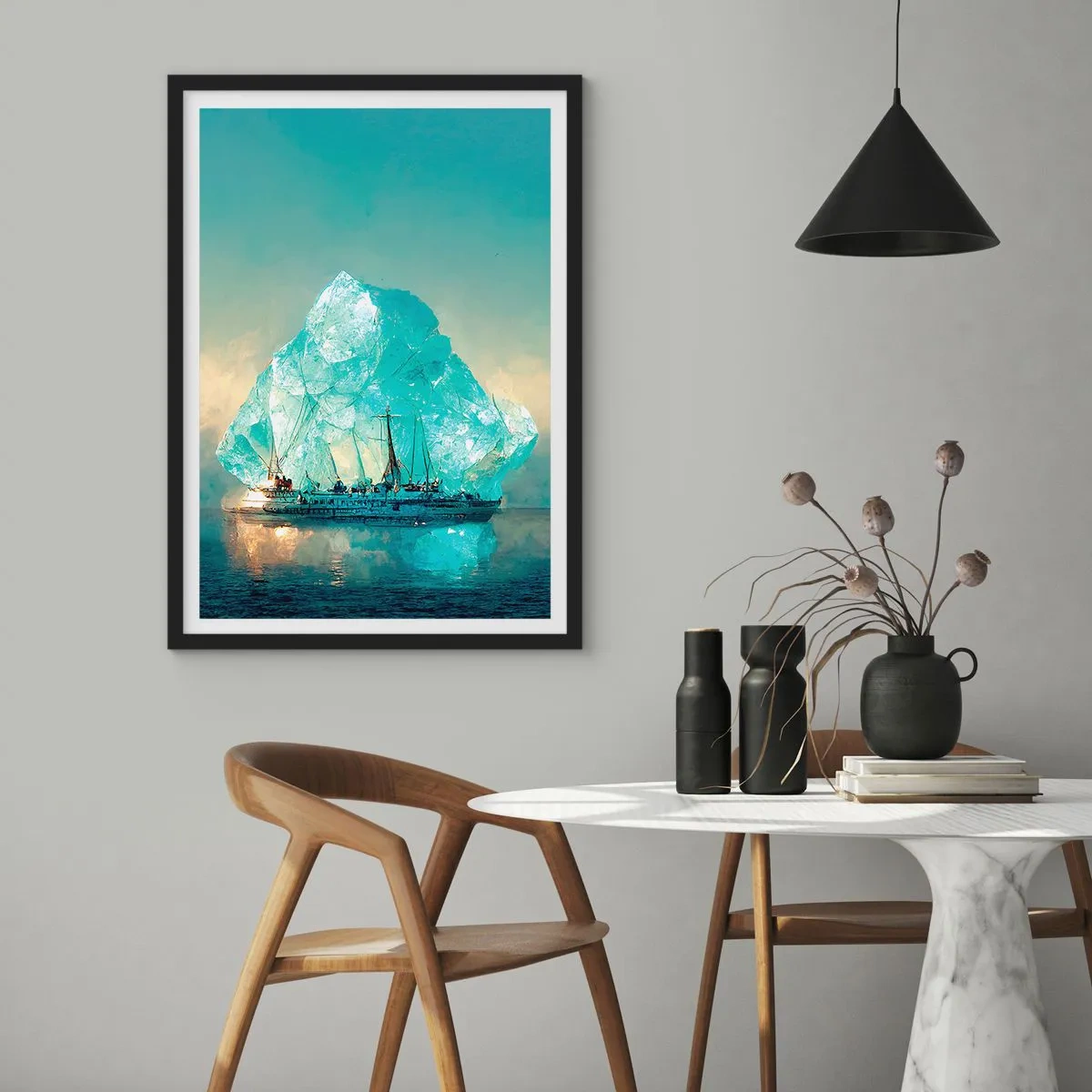 Plagát v čiernom ráme - Loď blízko obrovského ľadovca - 50x70cm - Arktický briliant - Moderná nástenná dekorácia do obývacej izby a spálne ARTTOR