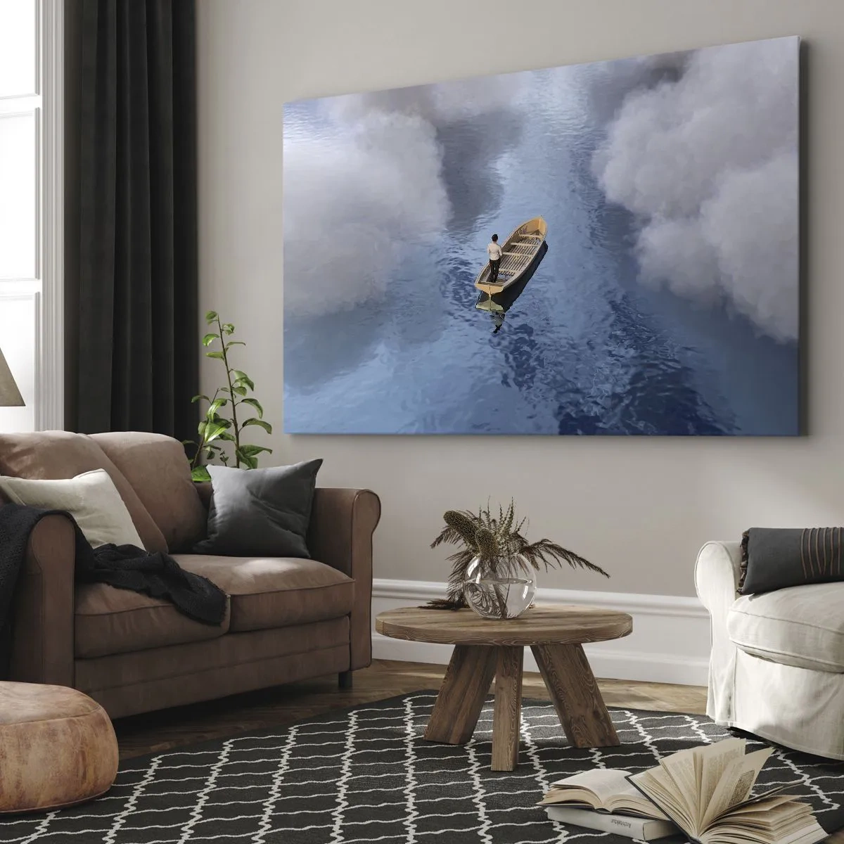 Obraz na plátne - Muž v člne na pokojnom mori obklopenom oblakmi - 70x50cm - Život – cesta – neistota - Moderná nástenná dekorácia do obývacej izby a spálne ARTTOR