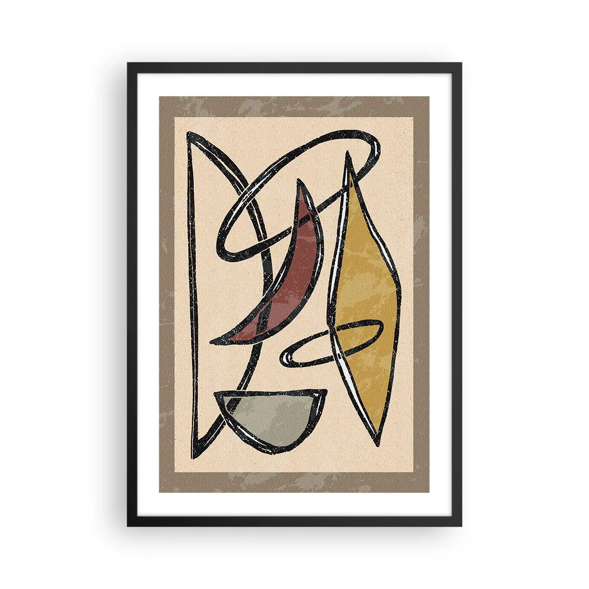 Plagát v čiernom ráme - Abstraktná geometrická kompozícia v odtieňoch béžovej a čiernej - 50x70cm - Kompozícia – oblúky a ovály - Moderná nástenná dekorácia do obývacej izby a spálne ARTTOR