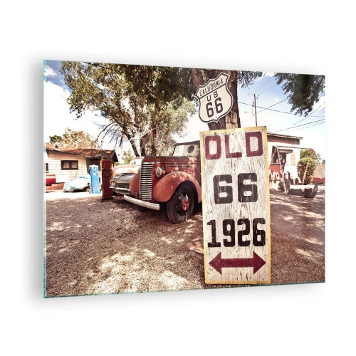 Obraz na skle - Starý automobil a retro značka Route 66 - 70x50cm - Legenda americkej provincie - Moderná nástenná dekorácia do obývacej izby a spálne ARTTOR