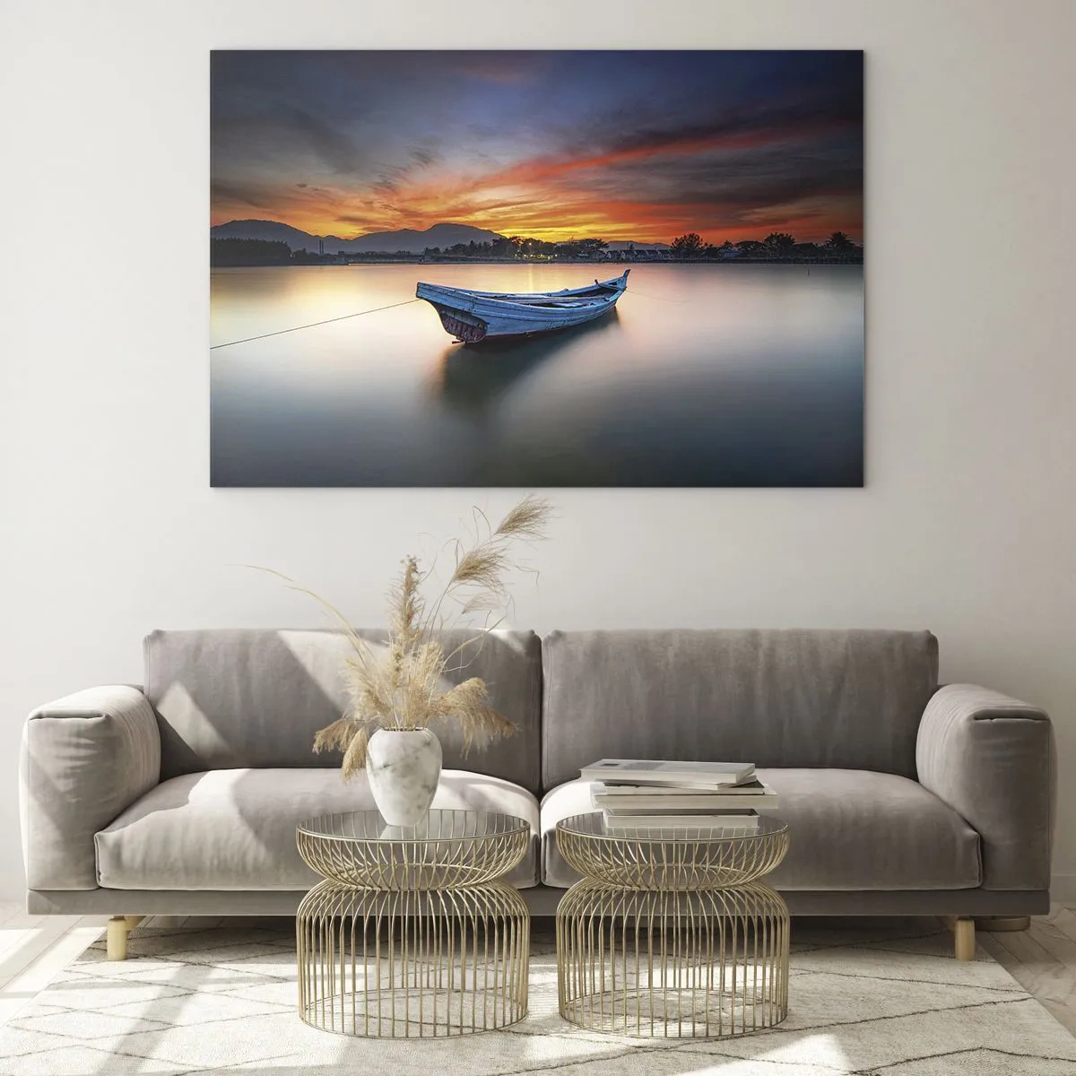 Obraz na skle - Drevená loďka na jazere pri západe slnka - 70x50cm - Blíži sa dobrá noc - Moderná nástenná dekorácia do obývacej izby a spálne ARTTOR