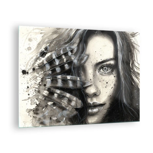Obraz na skle - Portrét ženy s perím a abstraktnými detailmi - 70x50cm - Divoká krása - Moderná nástenná dekorácia do obývacej izby a spálne ARTTOR