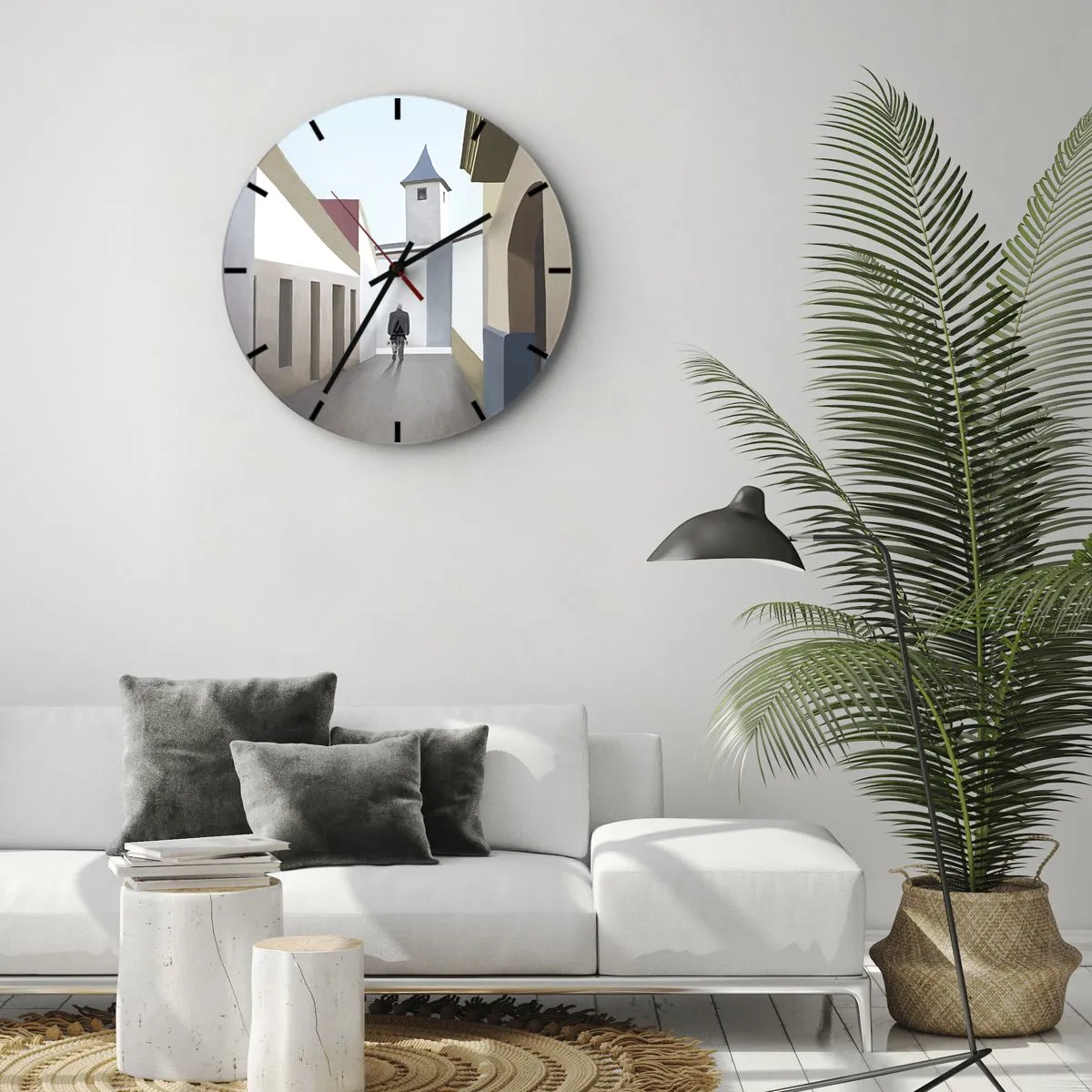 Nástenné hodiny - Postava na pozadí mestskej ulice v jasnom, geometrickom prostredí - 30x30cm - Slnečná prechádzka - Moderná nástenná dekorácia do obývacej izby, kuchyne a spálne ARTTOR