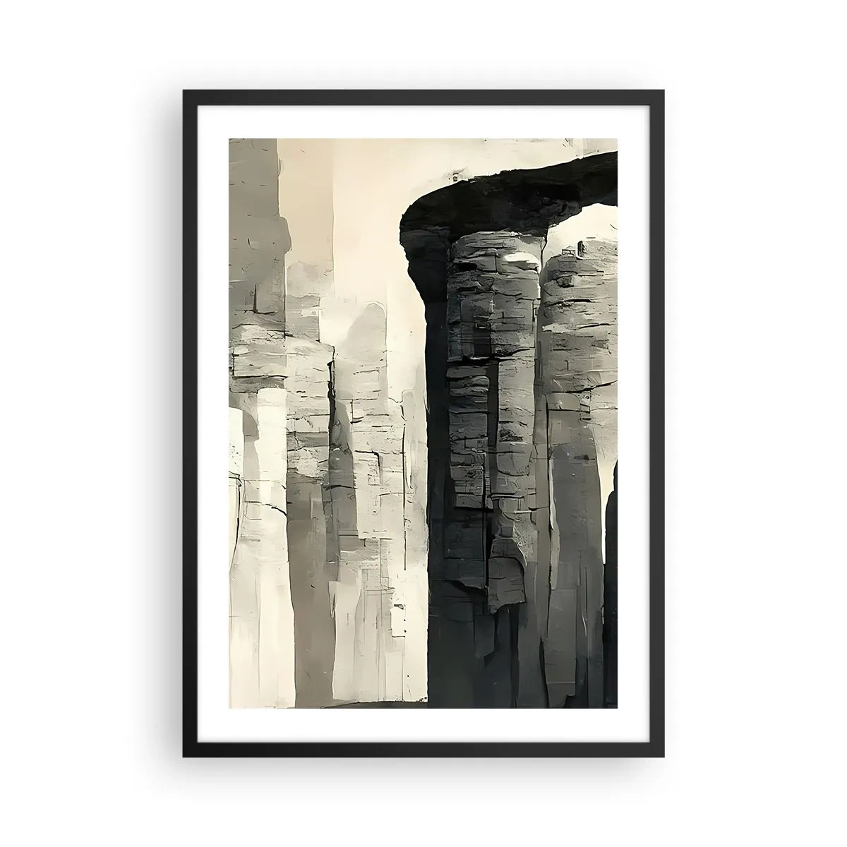 Plagát v čiernom ráme - Monumentálne skalné útvary v odtieňoch sivej - 50x70cm - Majestátnosť starožitnosti - Moderná nástenná dekorácia do obývacej izby a spálne ARTTOR