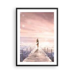 Plagát v čiernom ráme - Romantické mólo pri západe slnka so ženou v klobúku - 50x70cm - Vo svetle sna - Moderná nástenná dekorácia do obývacej izby a spálne ARTTOR