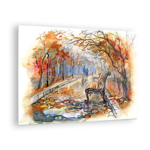 Obraz na skle - Jesenná ulička s lavičkou v umeleckom akvarelovom štýle - 70x50cm - Spoločne putovať jeseňou - Moderná nástenná dekorácia do obývacej izby a spálne ARTTOR
