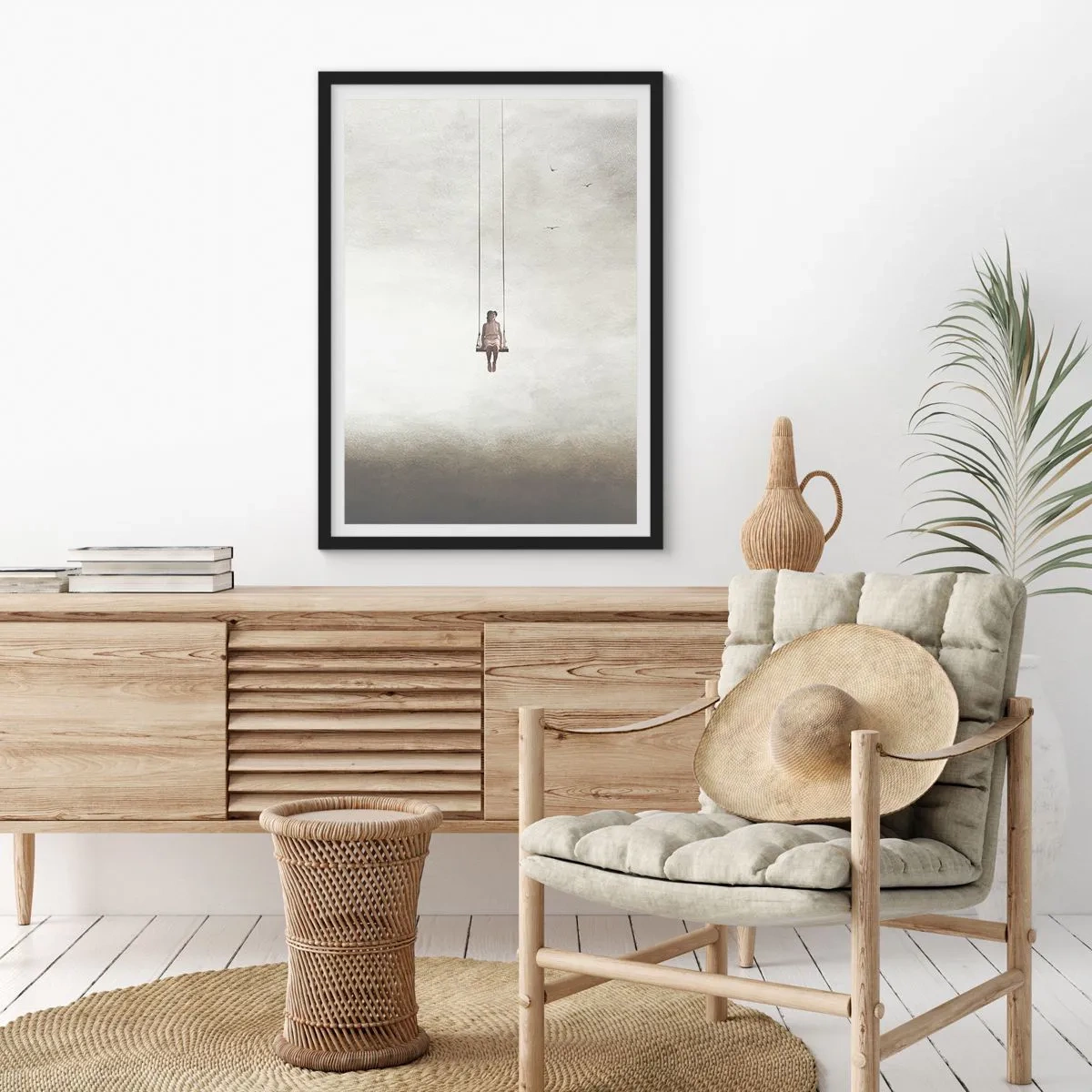 Plagát v čiernom ráme - Postava na hojdačke zavesená v priestore - 50x70cm - Dieťa v nás - Moderná nástenná dekorácia do obývacej izby a spálne ARTTOR
