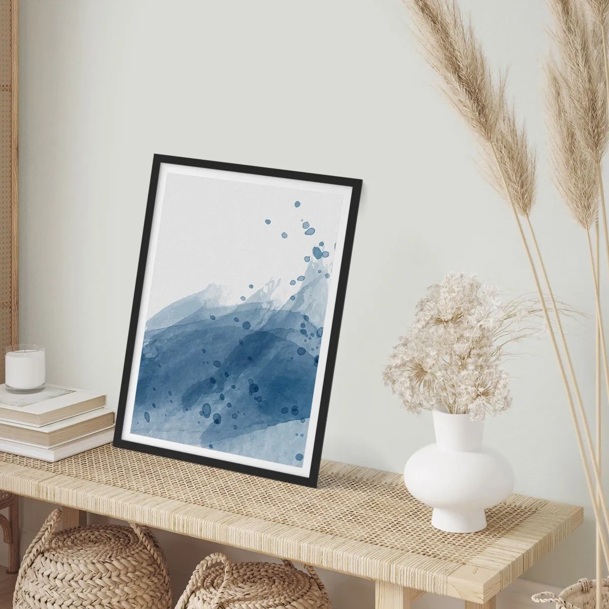 Plagát v čiernom ráme - Akvarelové vlny v odtieňoch modrej - 50x70cm - Modrý tyl - Moderná nástenná dekorácia do obývacej izby a spálne ARTTOR