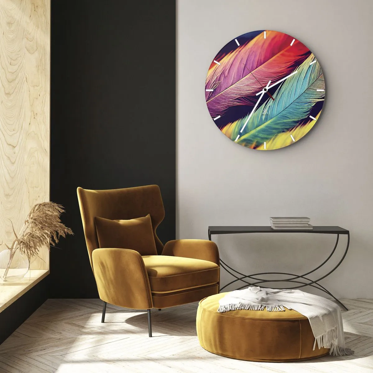 Nástenné hodiny - Farebné perie v intenzívnych farbách vytvára dúhu - 30x30cm - Operená dúha - Moderná nástenná dekorácia do obývacej izby, kuchyne a spálne ARTTOR
