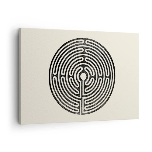 Obraz na plátne - Čiernobiele kruhové bludisko na svetlom pozadí - 70x50cm - Tajomný poriadok - Moderná nástenná dekorácia do obývacej izby a spálne ARTTOR