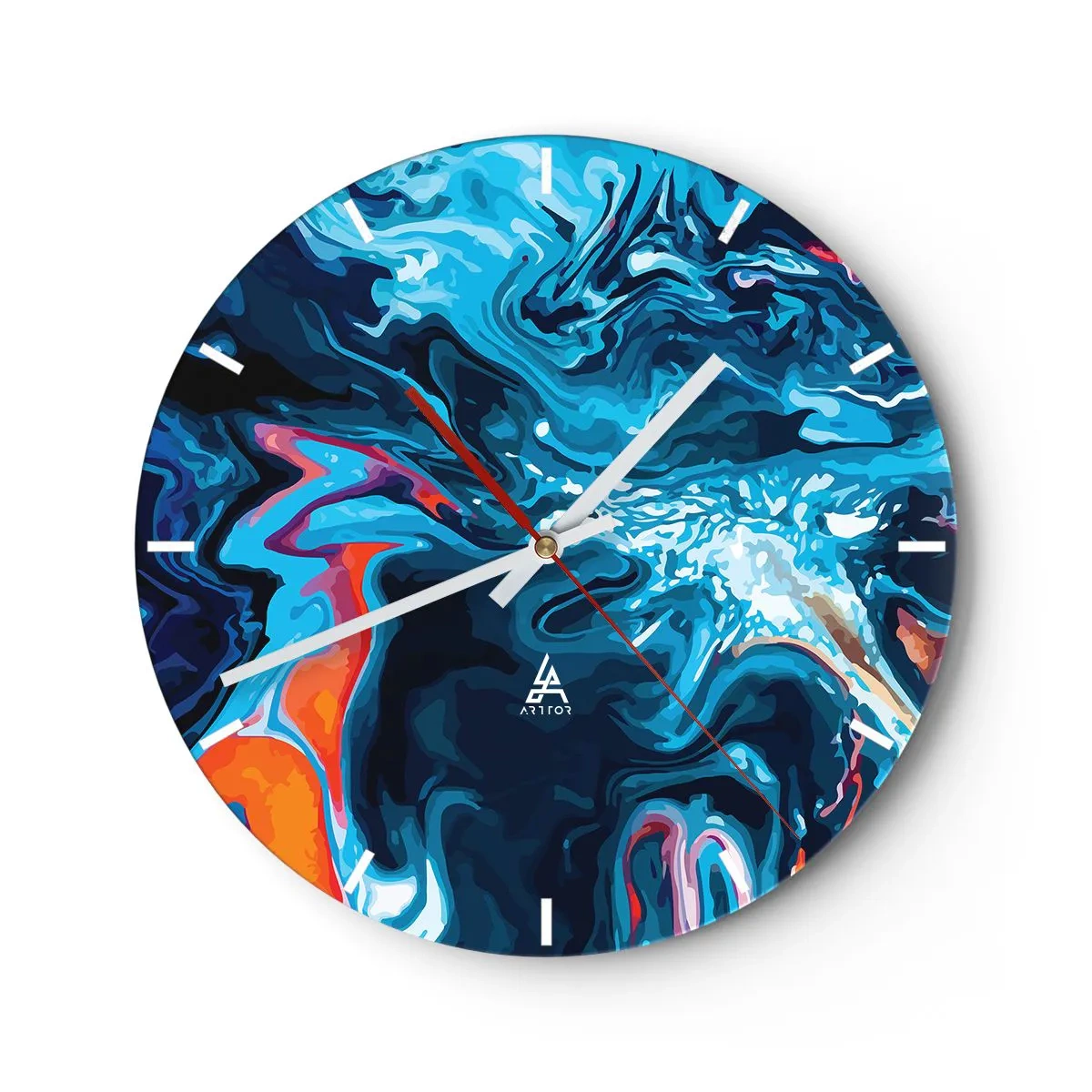 Nástenné hodiny - Dynamický abstraktný motív v odtieňoch modrej - 30x30cm - Cesta do stredu neba - Moderná nástenná dekorácia do obývacej izby, kuchyne a spálne ARTTOR