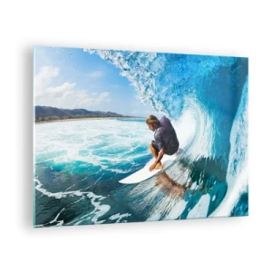 Obraz na skle - Surfer vo vodnom tuneli s oceánom v pozadí - 70x50cm - Tancujúci s vlnami - Moderná nástenná dekorácia do obývacej izby a spálne ARTTOR