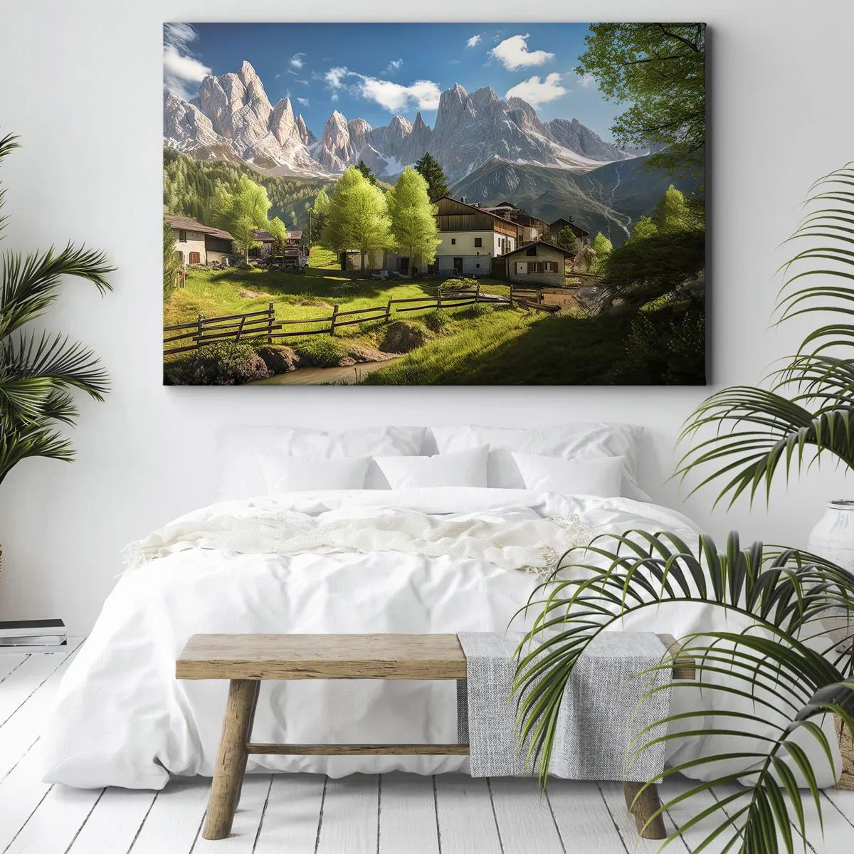 Obraz na plátne - Horská dedinka s domami a výhľadom na Alpy - 70x50cm - Alpská idyla - Moderná nástenná dekorácia do obývacej izby a spálne ARTTOR