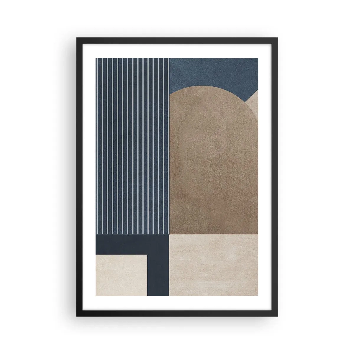 Plagát v čiernom ráme - Abstraktná geometrická kompozícia v odtieňoch námorníckej modrej a béžovej - 50x70cm - Kompozícia jednoduchosti a guľatosti - Moderná nástenná dekorácia do obývacej izby a spálne ARTTOR