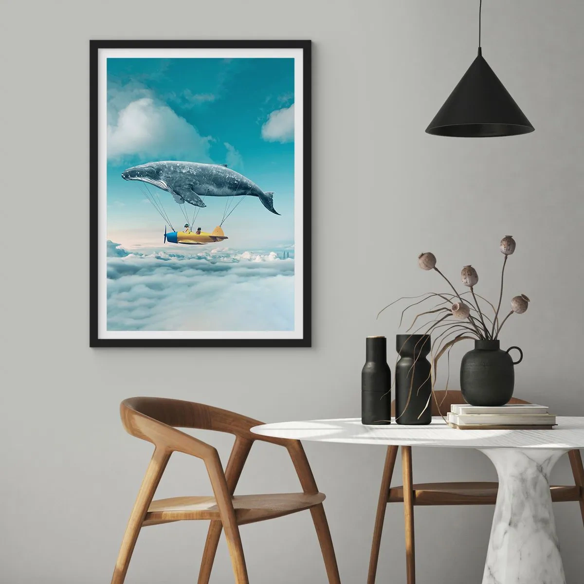 Plagát v čiernom ráme - Fantastický obraz veľryby dvíhajúcej lietadlo nad oblaky. - 50x70cm - Prečo by nie? - Moderná nástenná dekorácia do obývacej izby a spálne ARTTOR