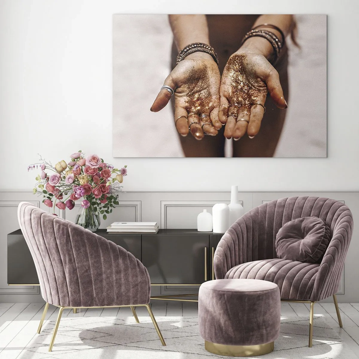 Obraz na skle - Otvorené ruky s trblietkami v teplom svetle - 70x50cm - Darček pre teba - Moderná nástenná dekorácia do obývacej izby a spálne ARTTOR