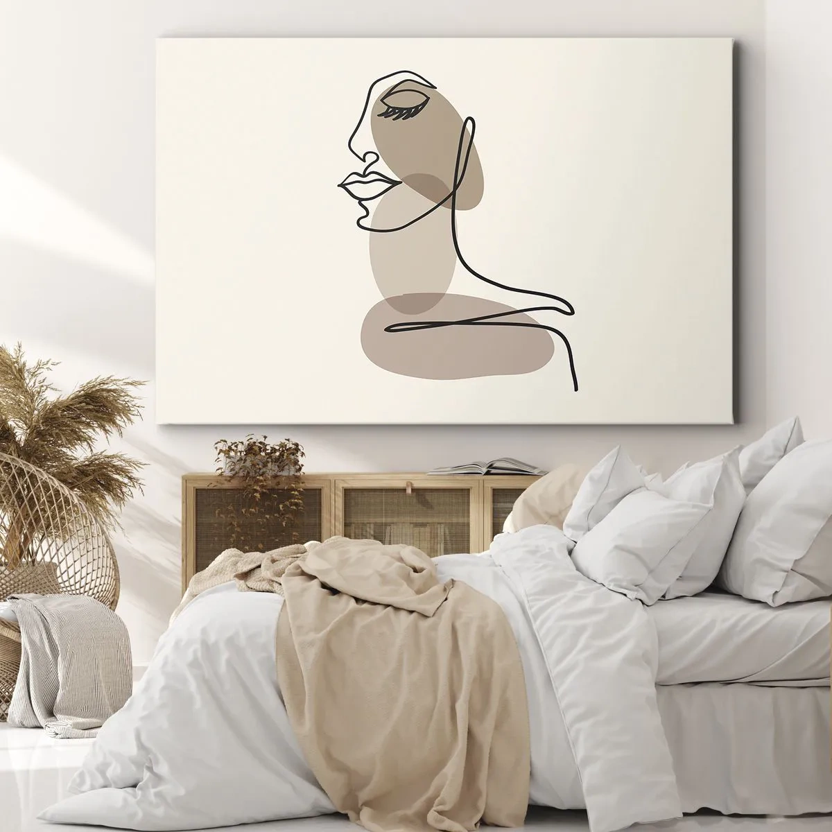 Obraz na plátne - Minimalistická ženská tvár s abstraktnými škvrnami - 70x50cm - Pri počúvaní samého seba - Moderná nástenná dekorácia do obývacej izby a spálne ARTTOR