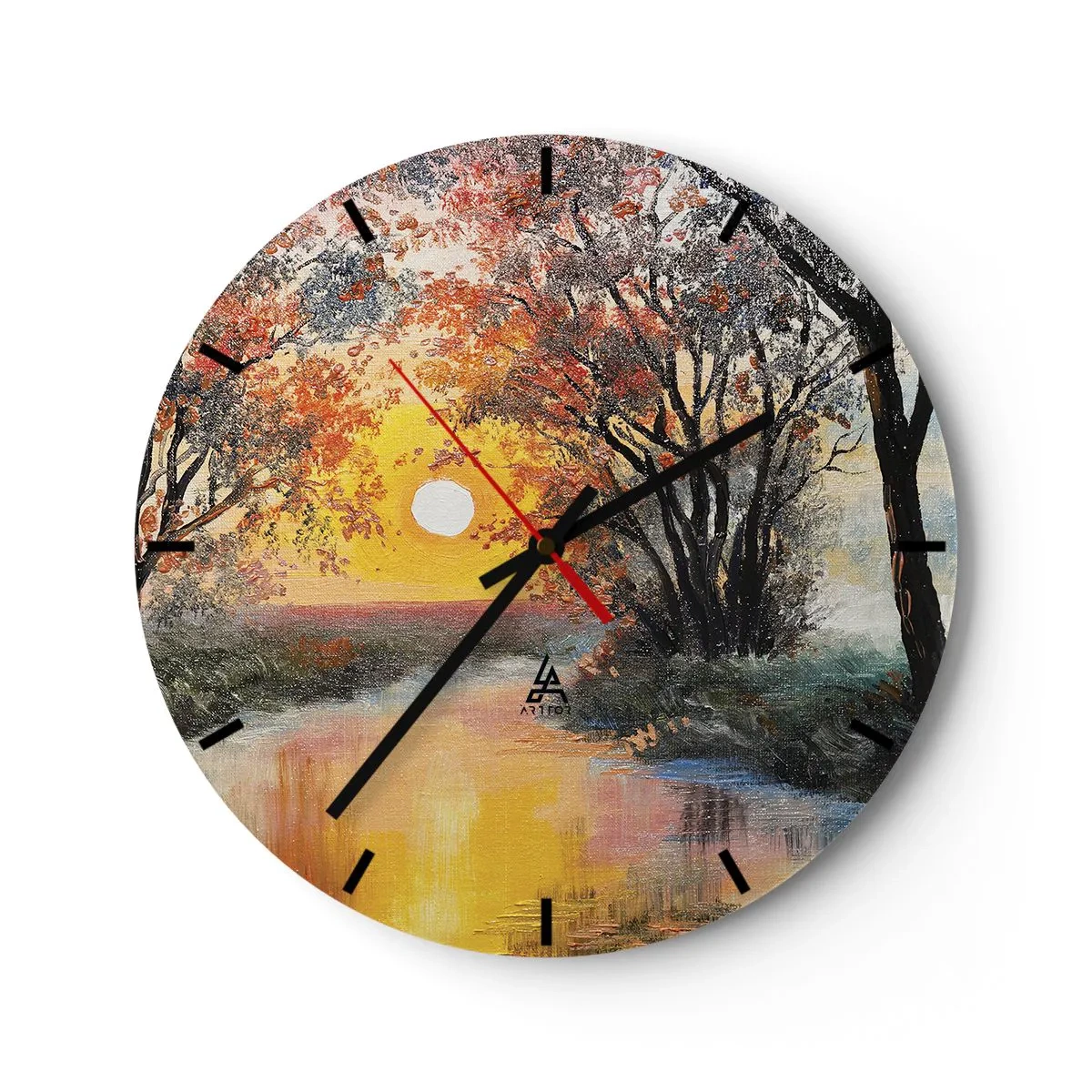 Nástenné hodiny - Západ slnka nad riekou medzi farebnými stromami - 30x30cm - Jesenný nádych - Moderná nástenná dekorácia do obývacej izby, kuchyne a spálne ARTTOR