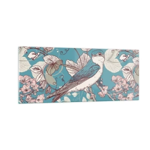 Obraz na skle - Na bielom strome vtáky a strieborné lístie - 100x40 cm