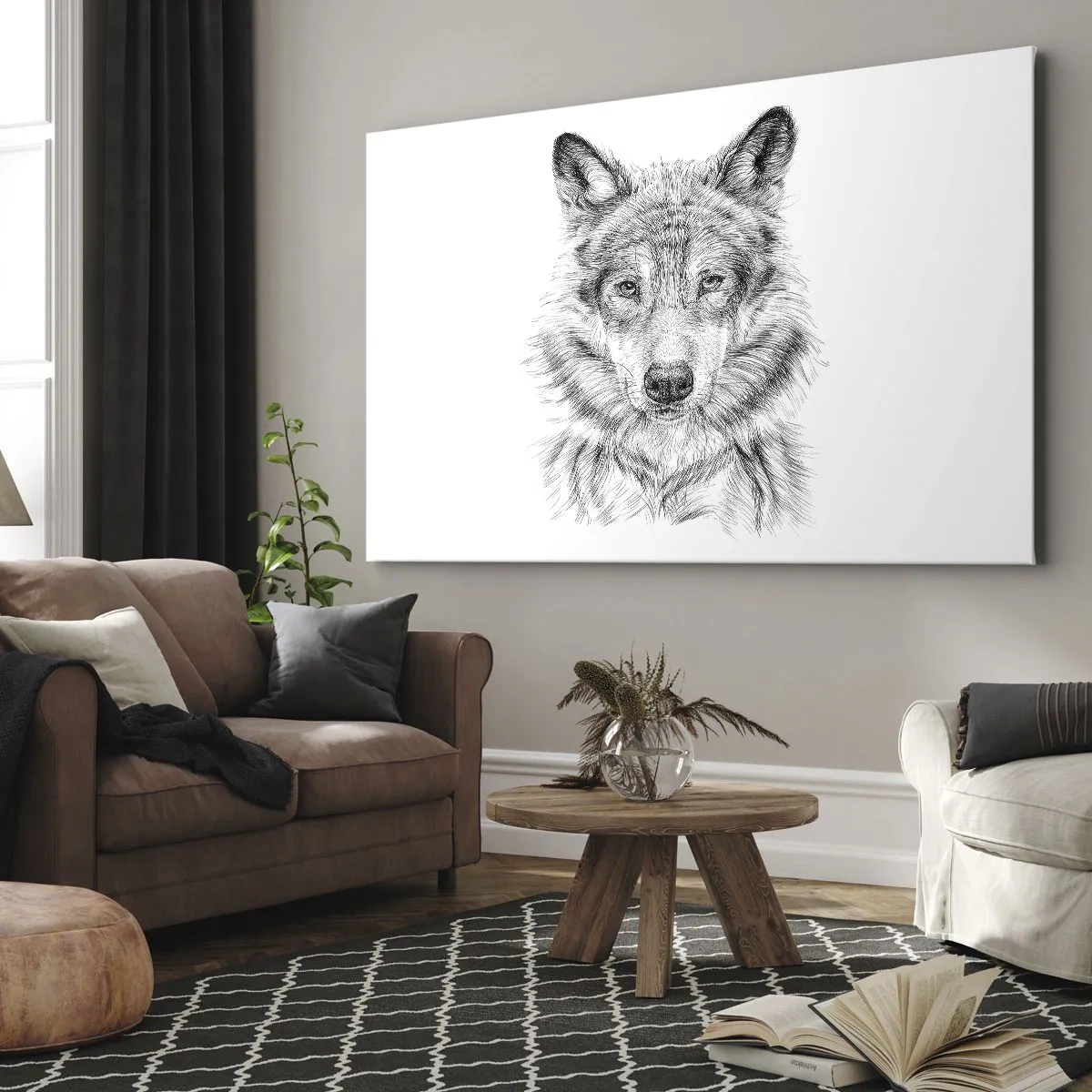 Obraz na plátne - Náčrt vlčej hlavy v monochromatickom štýle na bielom pozadí - 70x50cm - Rodený vodca - Moderná nástenná dekorácia do obývacej izby a spálne ARTTOR